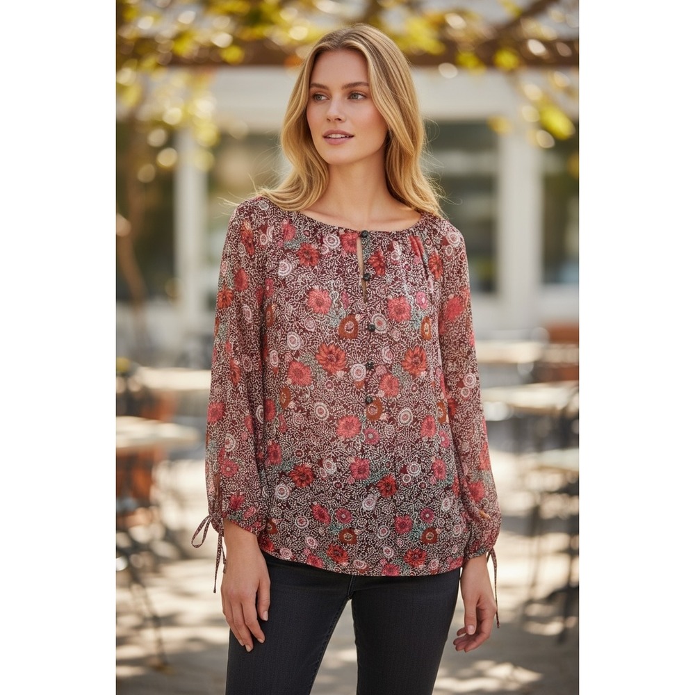 Lucky Brand Floral Blouse Women's Small Lightweight Long Sleeve Button